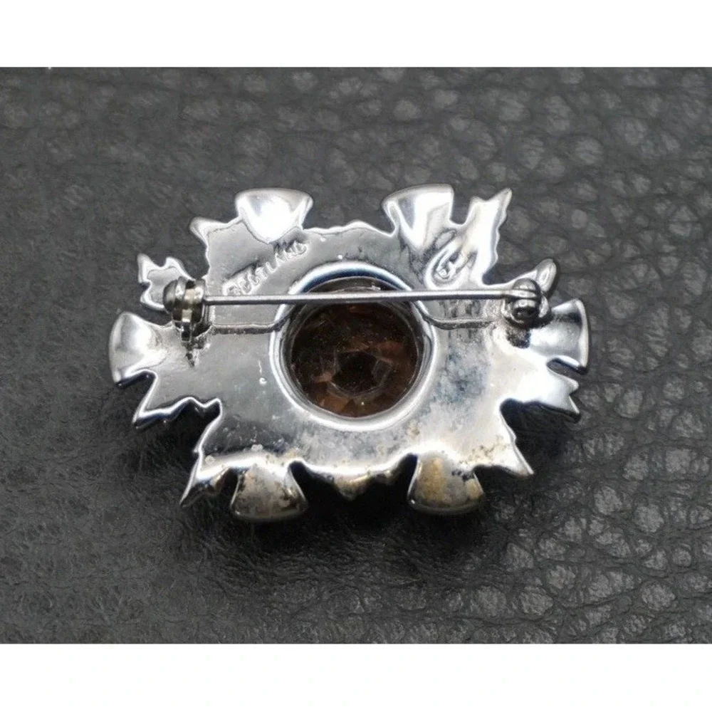 Vintage Celtic Thistle Brooch Amber Orange Crystal Rhinestone Silver Tone